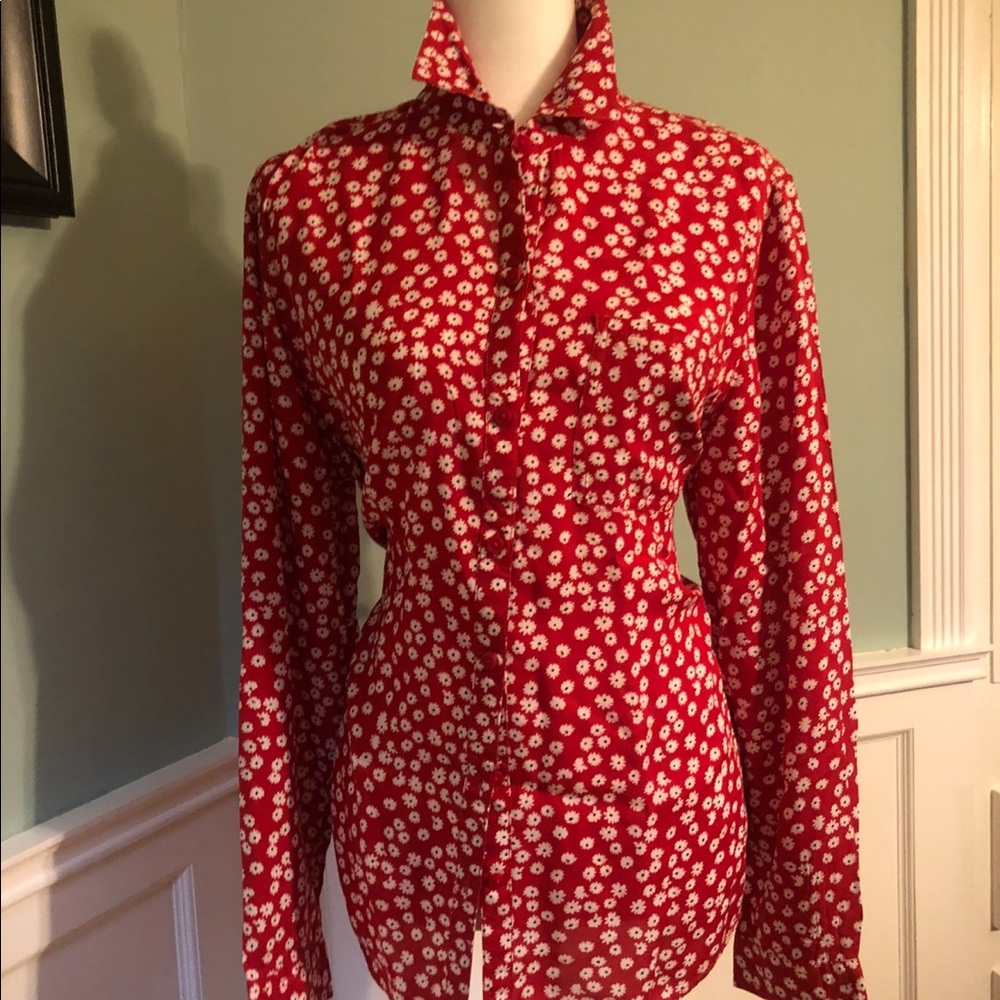 Beach lunch lounge red button up blouse size:large 22” pit to pit